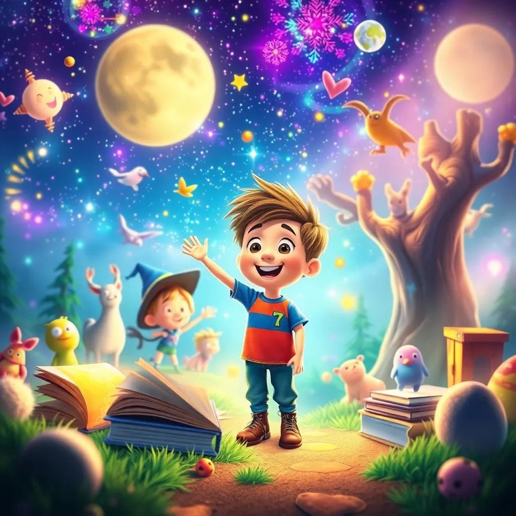 Timmy's glowing imagination, a representation of a world filled with adventures, characters coming to life, books, and magic, vibrant colors, telling a story of joy and exploration.