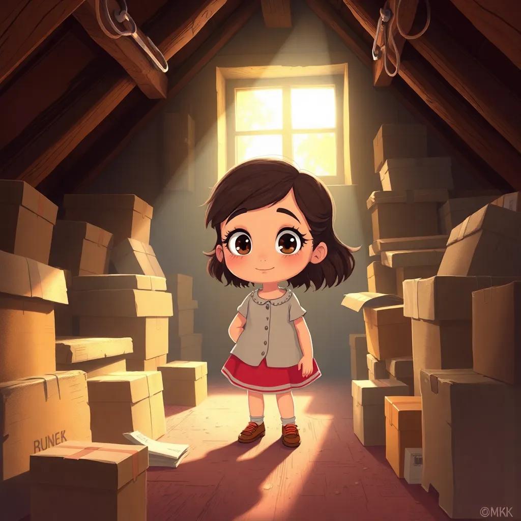 Lucinda, a curious young girl with bright sparkling eyes, exploring a dusty old attic filled with boxes, sunlight streaming through a small window, illustration, warm colors, inviting atmosphere, high quality