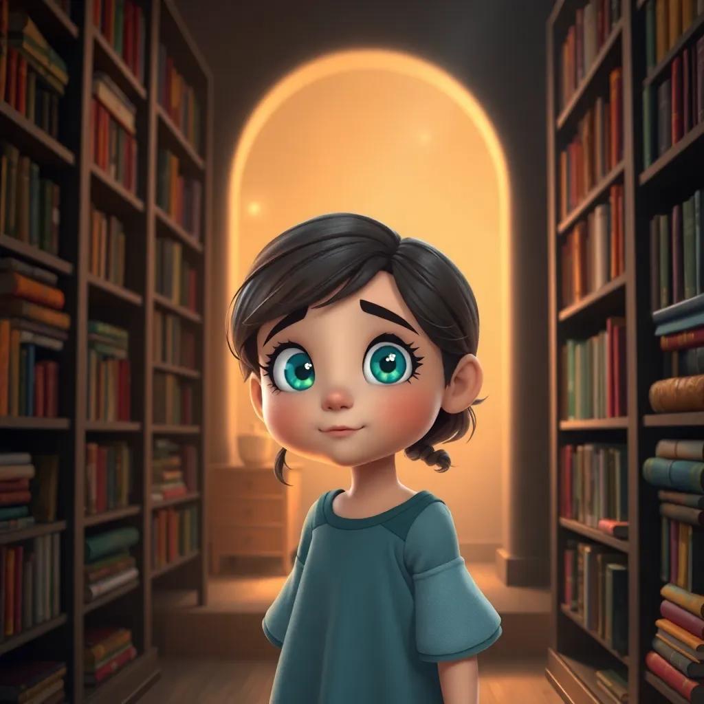 Lucinda, a curious young girl with bright sparkling eyes, standing in a dark room filled with tall bookshelves stacked with colorful books, a glow of magic in the air, digital art, mystical, child-friendly, high quality