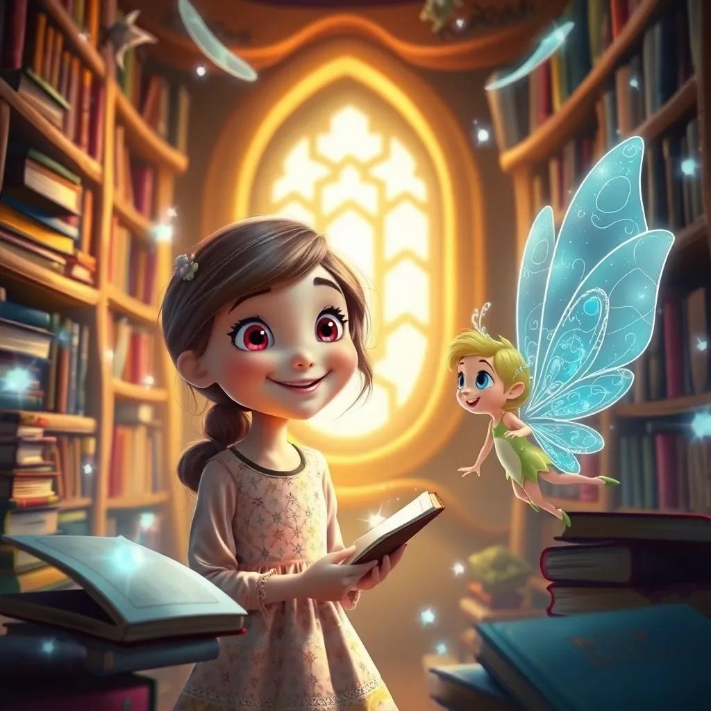 Lucinda, a curious young girl with bright sparkling eyes and Tilly, a tiny fairy with sparkling wings, talking joyfully in the secret library surrounded by floating books, bright enchanting light, whimsical scene, cheerful atmosphere, high quality