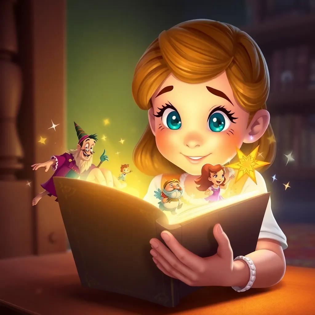 Lucinda, a curious young girl with bright sparkling eyes, touching the glowing Book of Adventures as characters leap out with excitement, magical sparkles around them, bright colors, lively atmosphere, illustration, high quality