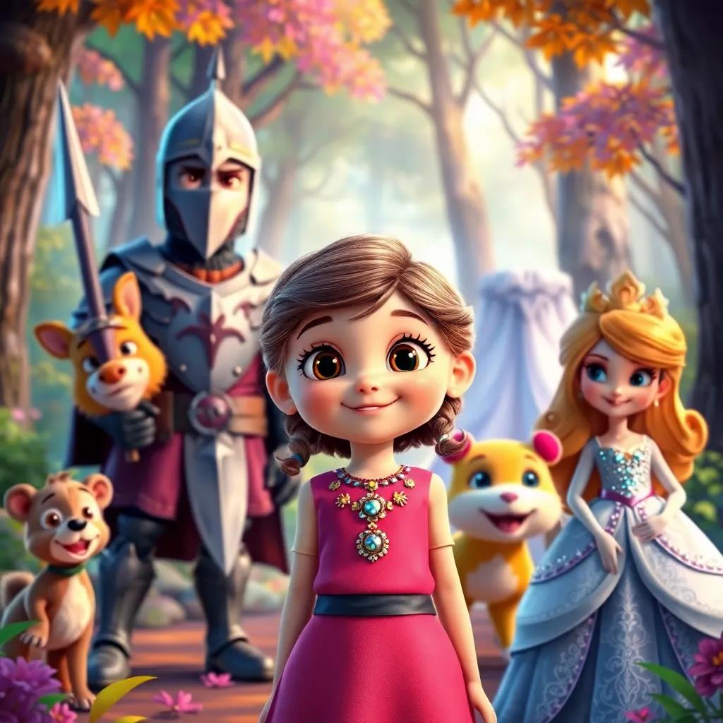 Lucinda, a curious young girl with bright sparkling eyes, standing with a brave knight, clever animals, and a princess in a sparkling gown, all smiling and ready for adventure in a colorful forest, digital art, vivid colors, energetic scene, high quality