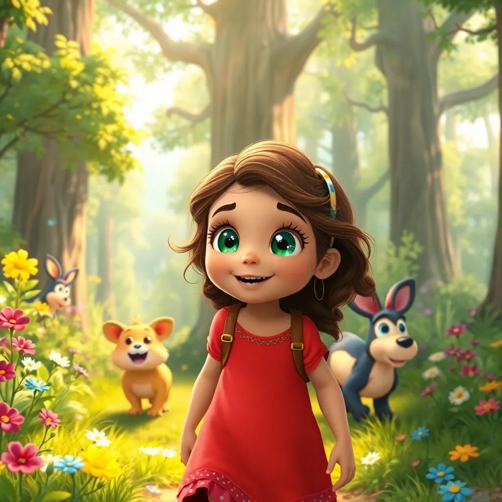 Lucinda, a curious young girl with bright sparkling eyes, leading her friends through a lush green forest with towering trees and vibrant flowers, filled with sunlight and laughter, whimsical illustration, high quality