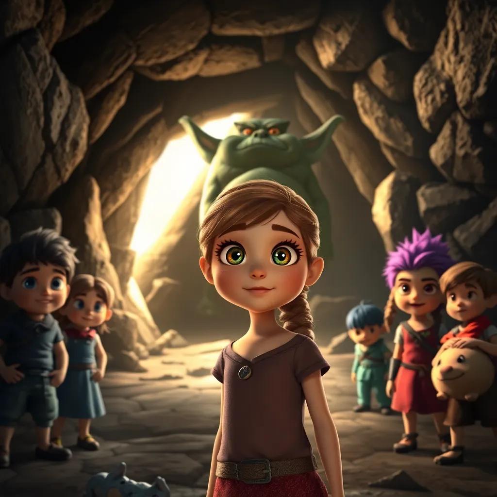 Lucinda, a curious young girl with bright sparkling eyes, standing in front of a dark cave, with a grumpy troll blocking the entrance, surrounded by her brave friends looking determined, dramatic light, dynamic scene, high quality