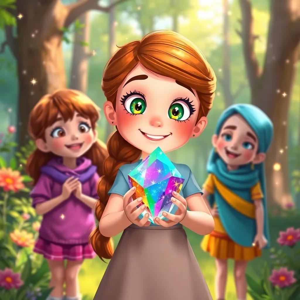 Lucinda, a curious young girl with bright sparkling eyes, standing with her friends holding the magical rainbow crystal, smiling joyfully in the sunny forest, magical sparkles in the air, celebration scene, colorful illustration, high quality
