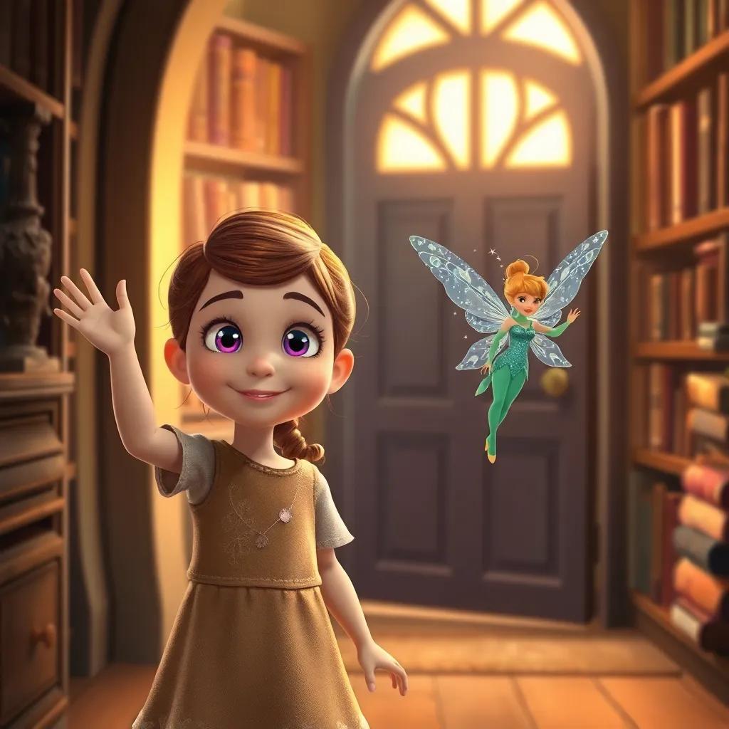 Lucinda, a curious young girl with bright sparkling eyes and Tilly, a tiny fairy with sparkling wings, waving goodbye at the secret library door with books glowing in the background, warm light, heartwarming atmosphere, high quality