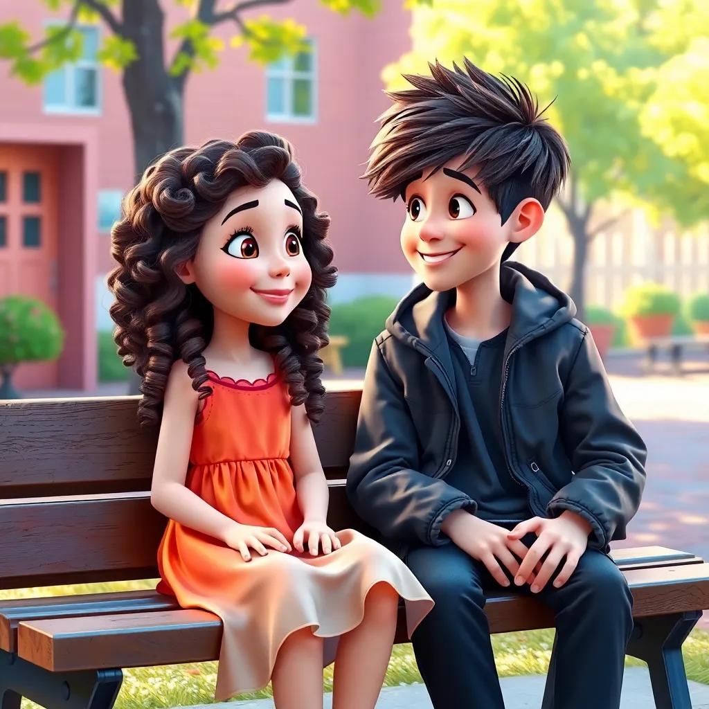 A young girl, Lila, with curly brown hair in a bright dress, sitting on a bench in the school yard, looking at a popular boy, Jake, with tousled hair wearing a cool jacket, both smiling at each other, playful background, vibrant colors, joyful moment, high quality