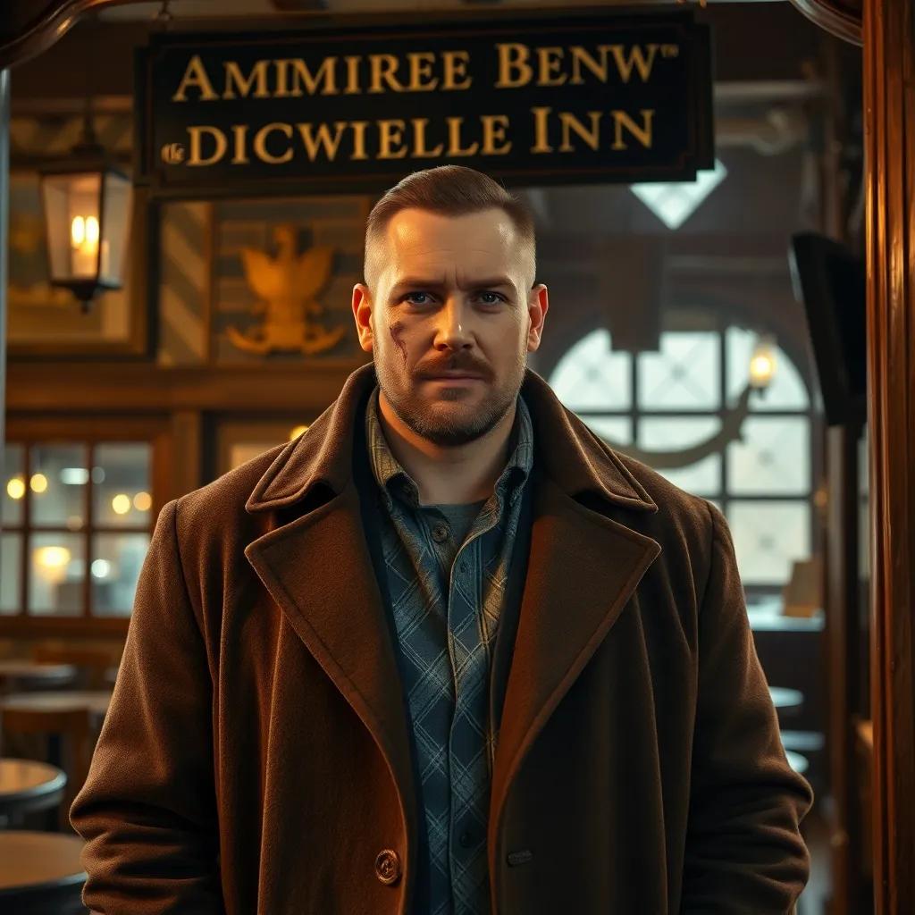 A tall man with a scar on his face, wearing an old blue coat, entering the Admiral Benbow Inn, a cozy and rustic atmosphere, warm lighting, inviting, high quality