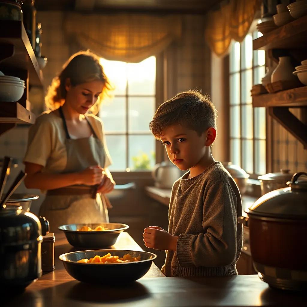 A worried young boy helping his mother in the kitchen of the Admiral Benbow Inn, the mother is preparing food, golden morning light streaming in through a window, detailed and warm, heartwarming scene