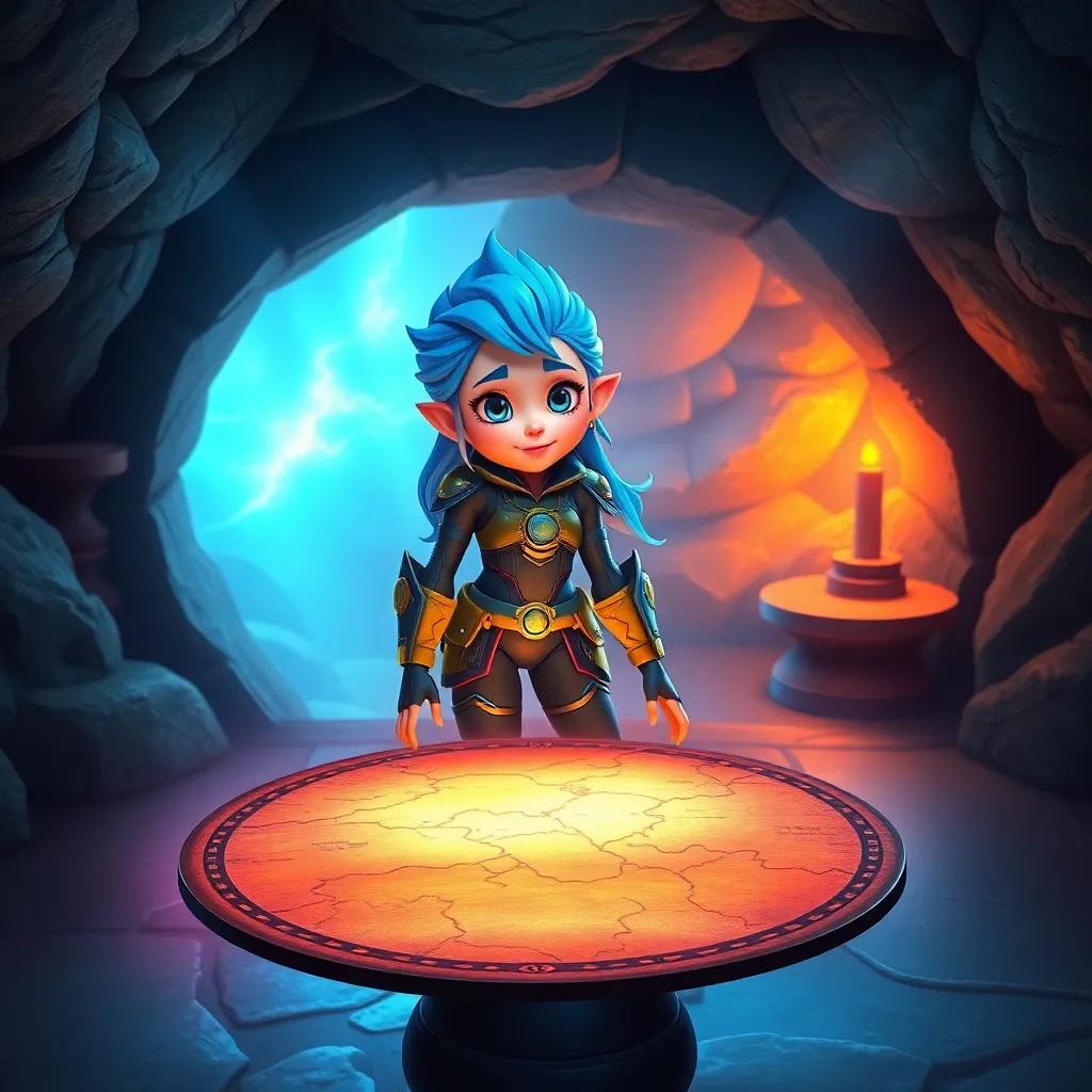 Ava, a young girl with bright blue hair wearing a futuristic outfit, standing around a round table with a glowing ancient map, in a secret underground room, digital art, vibrant colors, mysterious atmosphere, high quality