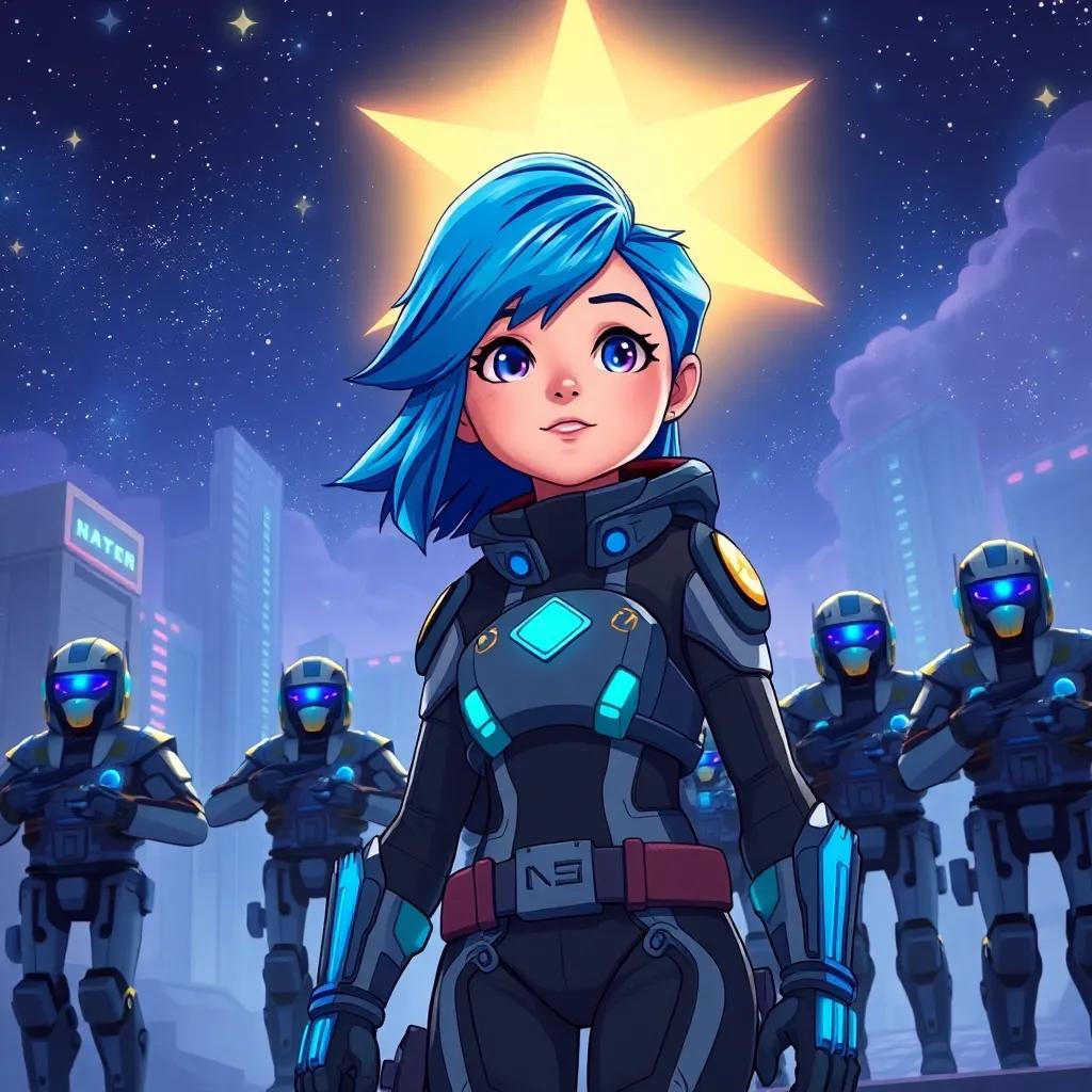 Ava, a young girl with bright blue hair wearing a futuristic outfit, leading her team under a starry sky, with robots patrolling the city in the background, illustration, adventure-themed, dark but inspiring, high quality