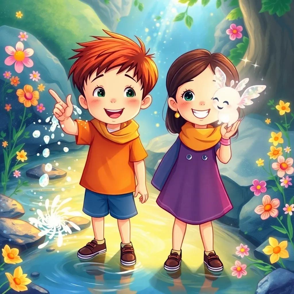 Two kids, Bobby and Mia, standing in front of a sparkling stream with colorful flowers around, Bobby splashing water and Mia pointing with a big grin, magical creature Luma, tiny and glowing with sparkling wings, hovering nearby, cheerful light, colorful, engaging perspective, whimsical art style, high quality
