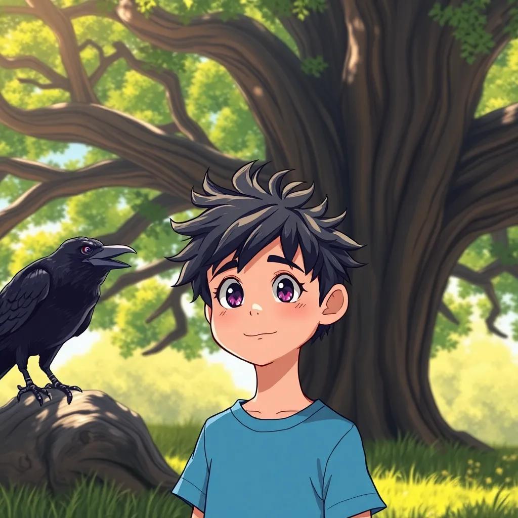 A young boy, Soda Rech, with bright eyes and messy hair, standing under a big oak tree, a mystery crow cawing loudly beside him, in a sunny day, cheerful atmosphere, vivid colors, happy scene