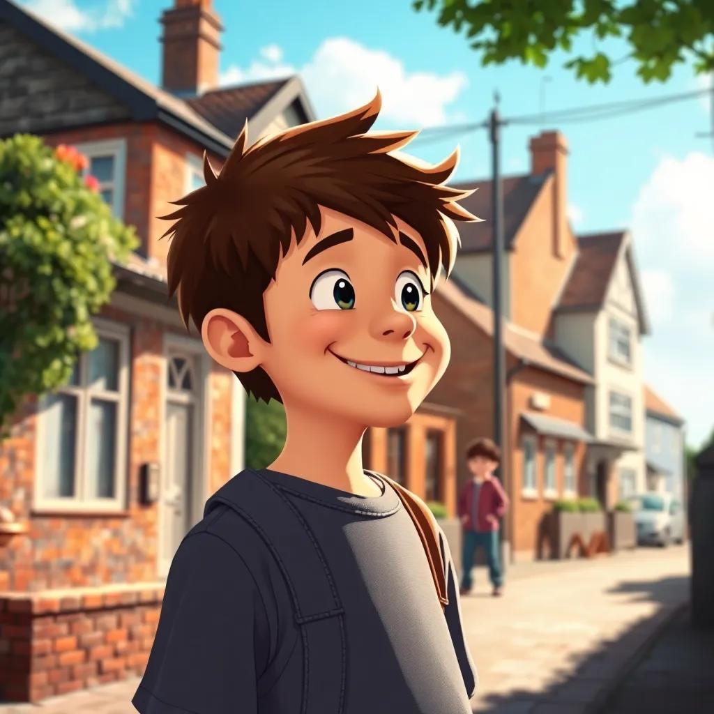 A young boy, John Sachet, with a playful smile, standing on Ender Gate Street, looking at his little brother teasing him, surrounded by houses, bright daylight, friendly vibe, playful mood