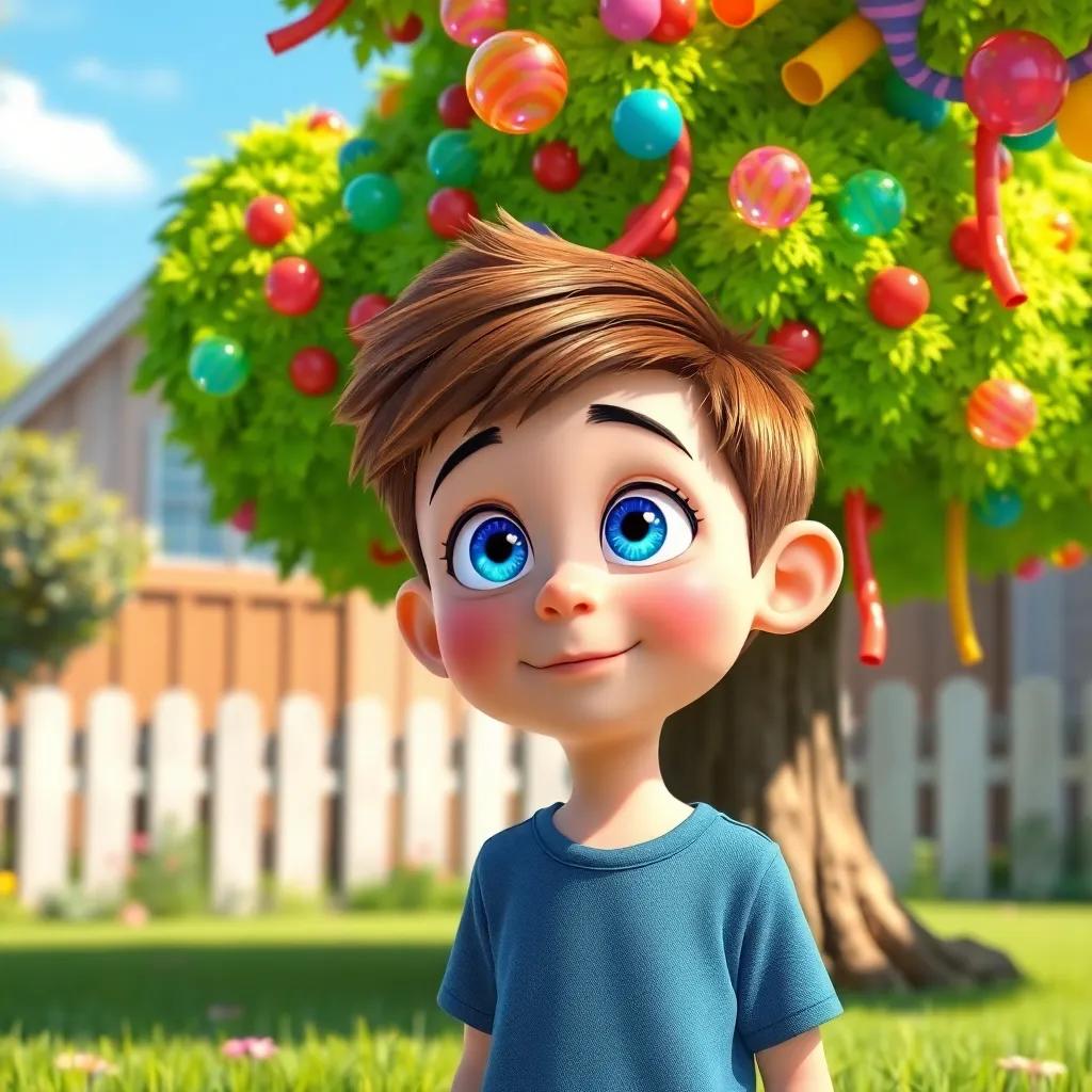 A curious boy, Max, with sparkling blue eyes, standing in his backyard, amazed by a bright green magical tree with colorful bubblegum hanging from it, sunny day, vibrant colors, cheerful atmosphere, high quality
