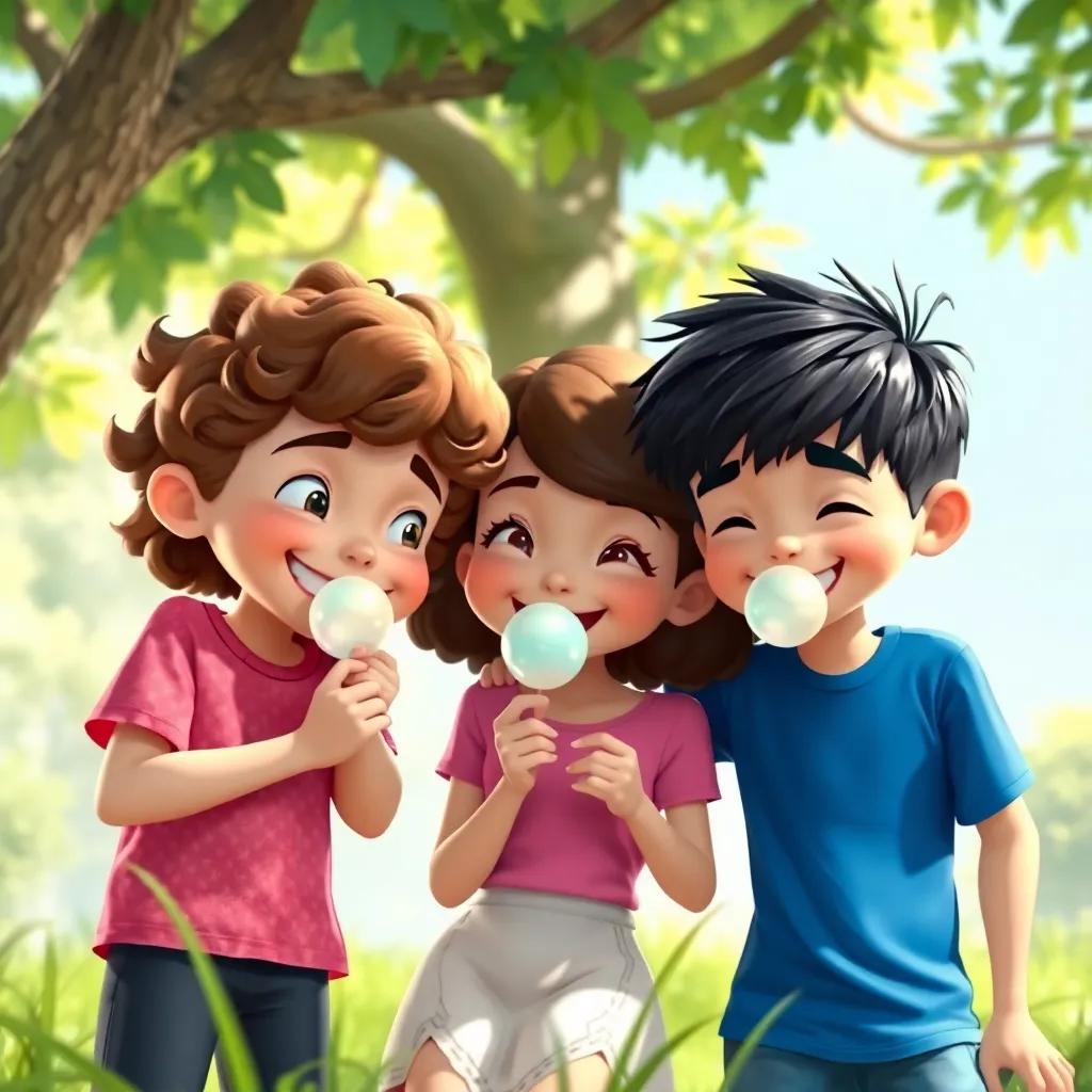 Max with his friends, Sophie, a girl with curly brown hair wearing a pink shirt, and Leo, a boy with short black hair in a blue t-shirt, sharing bubblegum under the shady tree, smiles and laughter, playful mood, digital art, high quality