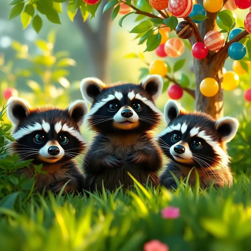 Three curious raccoons with shiny eyes peeking from behind bushes, looking at the colorful bubblegum tree, their expressions funny and surprised, afternoon light, vibrant greenery, playful atmosphere, high quality