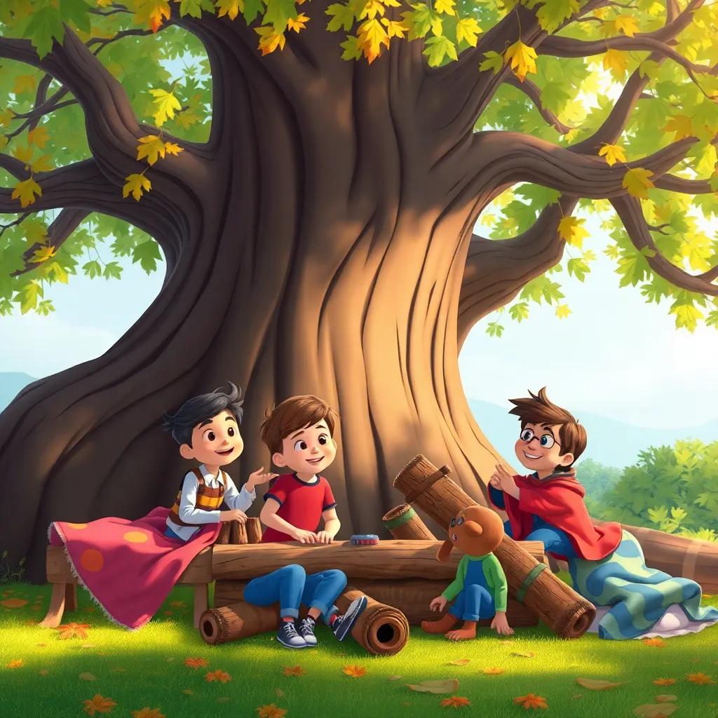 Max and his friends building a fort around the magical tree with sticks, leaves, and blankets, teamwork and smiles, whimsical scene, bright colors, afternoon light, high quality