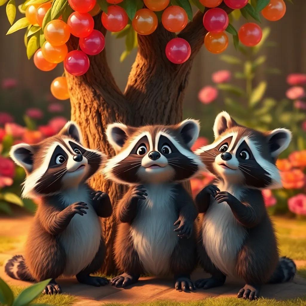 Three raccoons appearing confused as they try to figure out how to reach the bubblegum tree, comical expressions, playful antics, garden backdrop, entertaining atmosphere, high quality