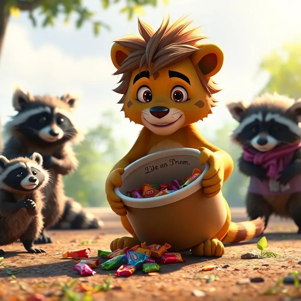 Leo with an empty ice cream tub filled with shiny wrappers, placing it on the ground while Max and Sophie look on, distracting raccoons, a sense of adventure, vibrant colors, high quality
