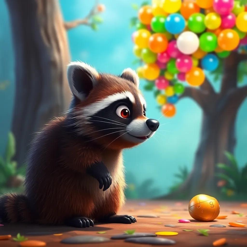 A raccoon stopping and sniffing the air, turning away from a shiny treasure, surprise in its eyes, the bubblegum tree in the background, bright colors, humorous moment, high quality