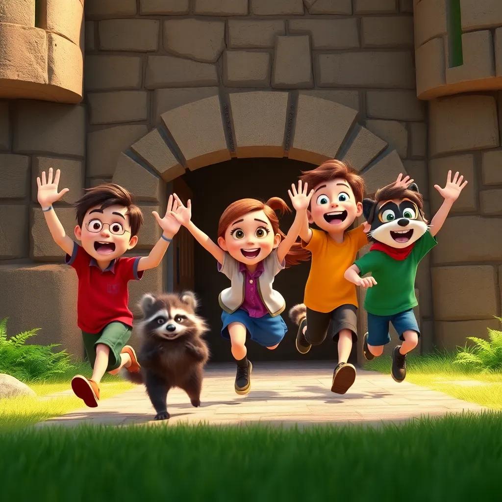 Max, Sophie, and Leo running out from their fort, waving their arms and shouting to scare the raccoons away, excitement visible on their faces, vibrant scene, dynamic action, high quality
