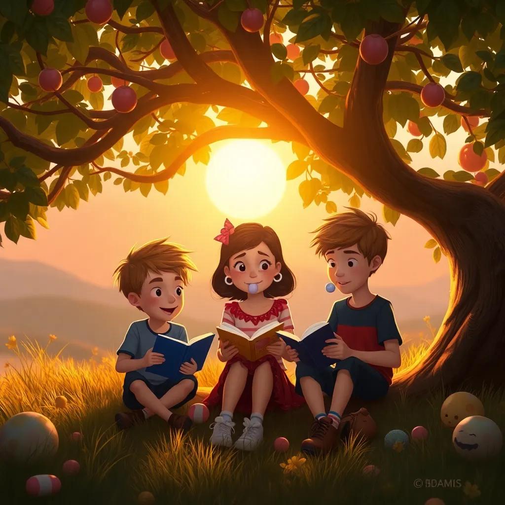 Max, Sophie, and Leo sitting under the magical bubblegum tree as the sun sets, sharing stories and chewing gum, warm golden light filtering through the leaves, cozy atmosphere, high quality