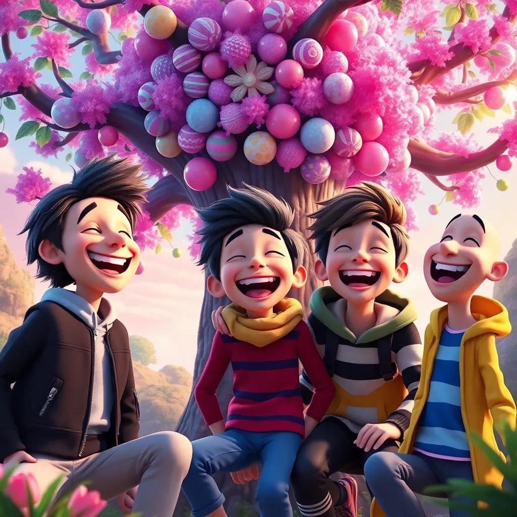Max and his friends laughing together, surrounded by the magical bubblegum tree, feeling the joy of friendship and teamwork, colorful scenery, joyful expressions, high quality