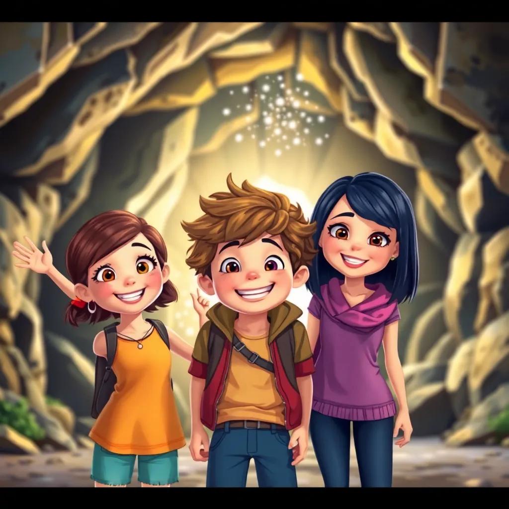 Three friends, Mia a cheerful girl with brown hair, Tom an adventurous boy with curly hair, and Sara a curious girl with straight black hair, standing excitedly in front of a sparkling cave, bright sunlight highlighting the entrance, digital art, colorful, inviting atmosphere, high quality