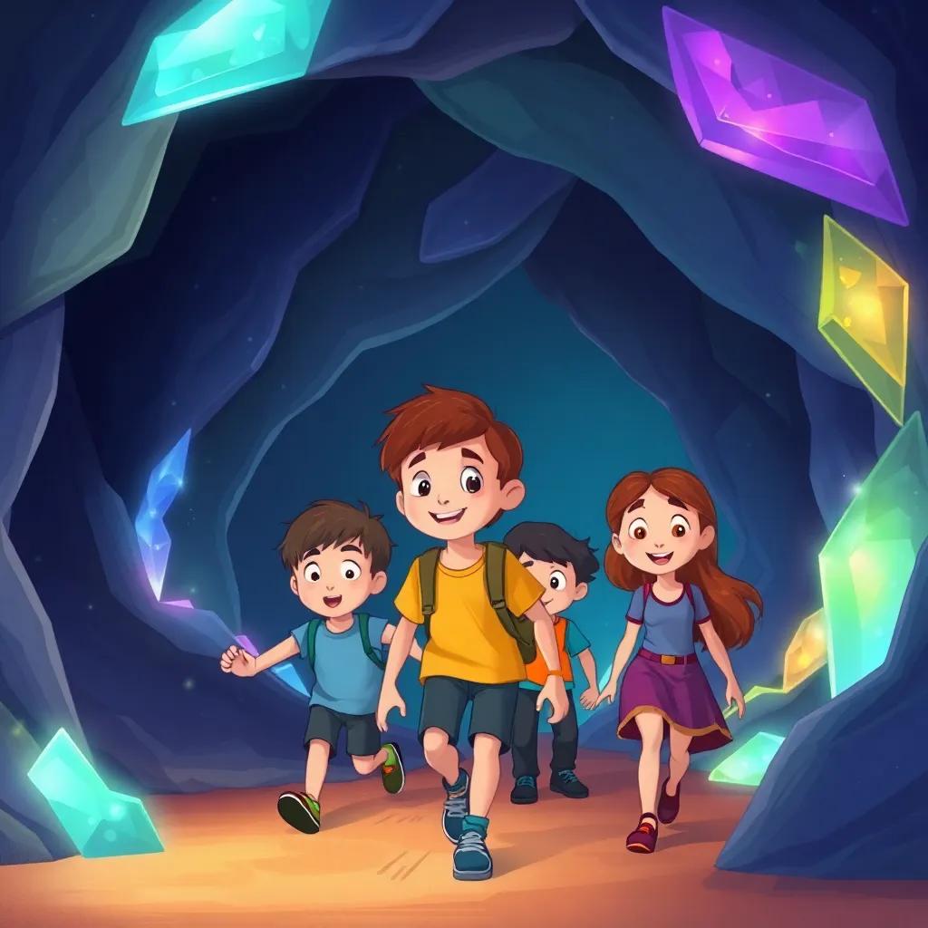 Mia, with brown hair, leads the way into the cave, while Tom and Sara follow closely, the cave walls glowing with sparkling crystals in various colors, soft light creating a magical effect, illustration, fun and adventurous, cheerful children's book style