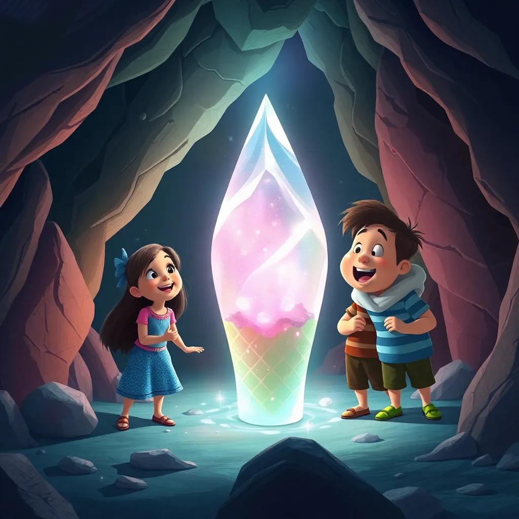 Inside the cave, they discover a giant crystal shaped like an ice cream cone, with Mia, Sara, and Tom amazed, sparkling light reflecting on their happy faces, a whimsical and enchanting scene, detailed digital painting, vibrant colors