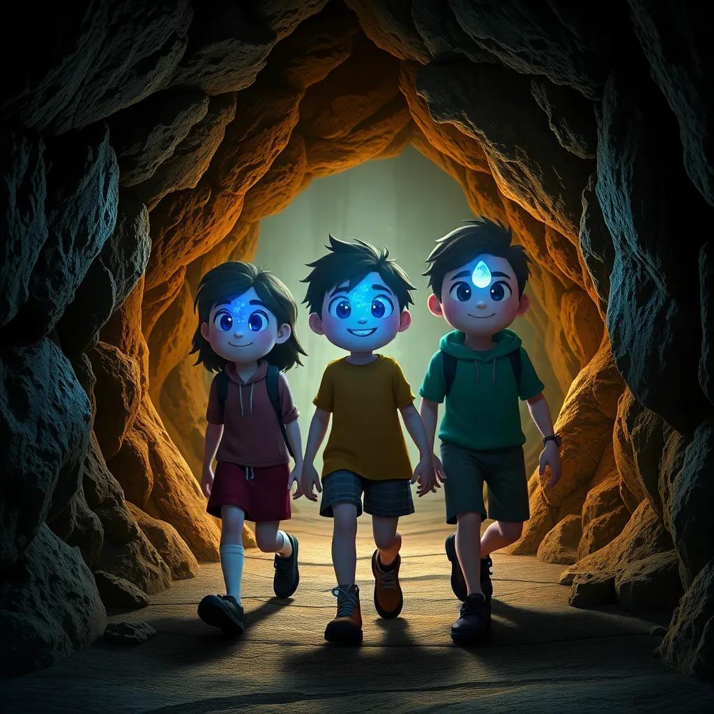 The three friends walking deeper into the cave, with their faces lit up by glowing gems, shadows dancing around as they explore, a sense of wonder and excitement in the air, digital art, rich textures, engaging imagery