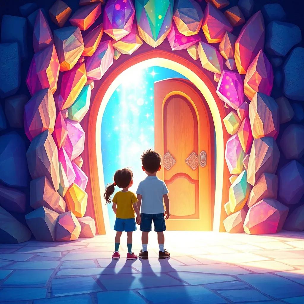 A magical door made of crystals opening in front of Mia, Tom, and Sara, with sparkling light streaming from within, they stand in awe, vibrant colors, fantasy-like atmosphere, high quality illustration