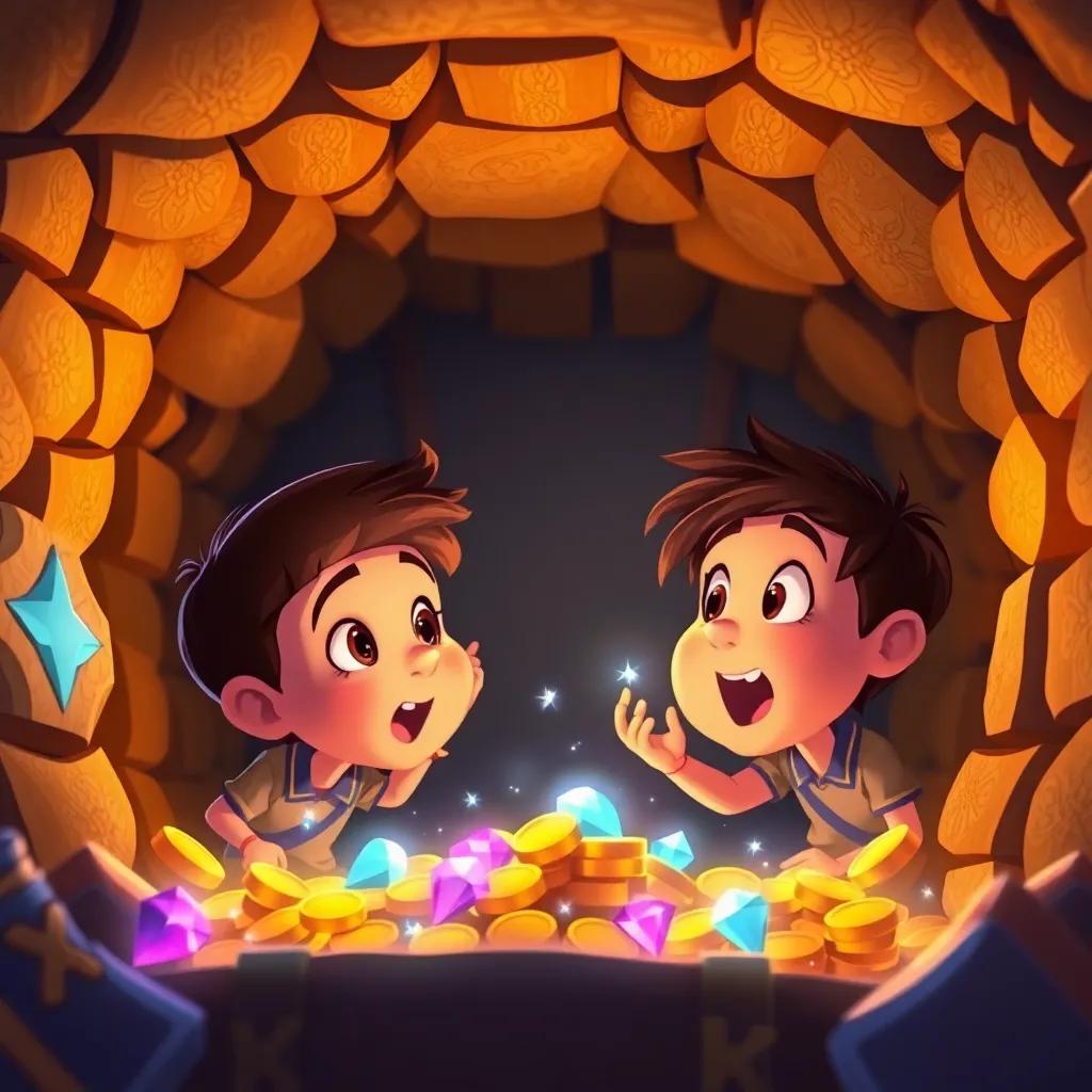 Inside the treasure room, they find gold coins and sparkling jewels, with their jaws dropped in wonder, glows reflecting off their excited faces, bright and colorful, warm light, detailed illustration