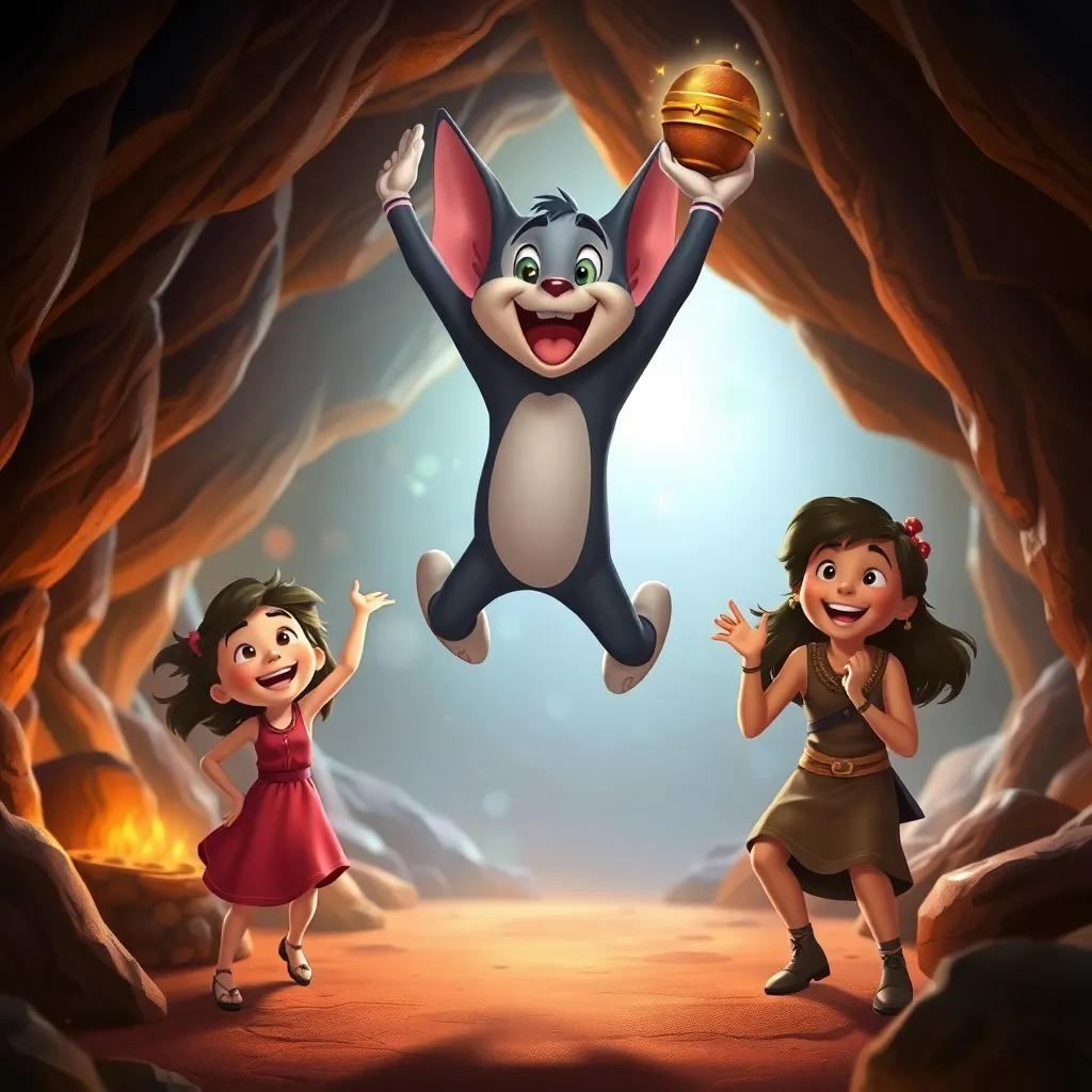 Tom jumping joyfully with treasure in his hands, while Mia and Sara cheer, the cave's interior sparkling in the background, a warm and happy scene, high-quality digital art