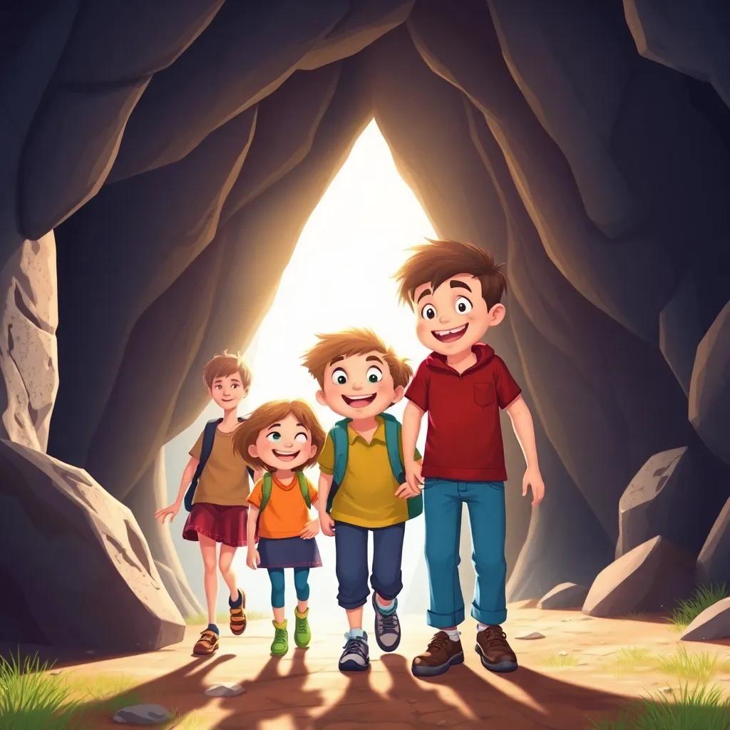 The three friends leaving the cave, with the sun shining brightly behind them, sharing smiles and glancing back at their adventure, heartwarming scene of friendship, vivid colors, uplifting atmosphere, children’s book illustration