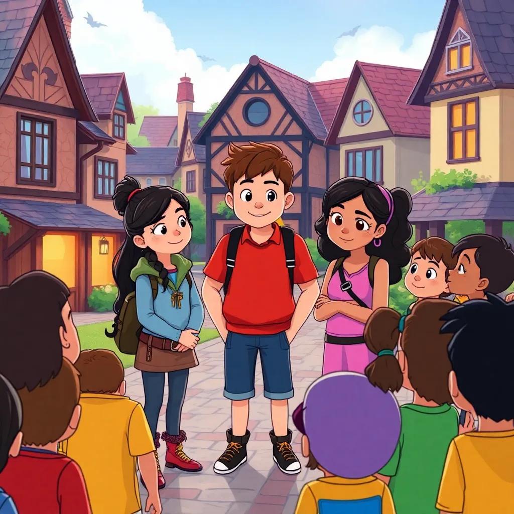 Mia, Tom, and Sara standing together in their town, telling other kids about their adventure, everyone listening with wide eyes, a sense of community and sharing, colorful illustration, engaging