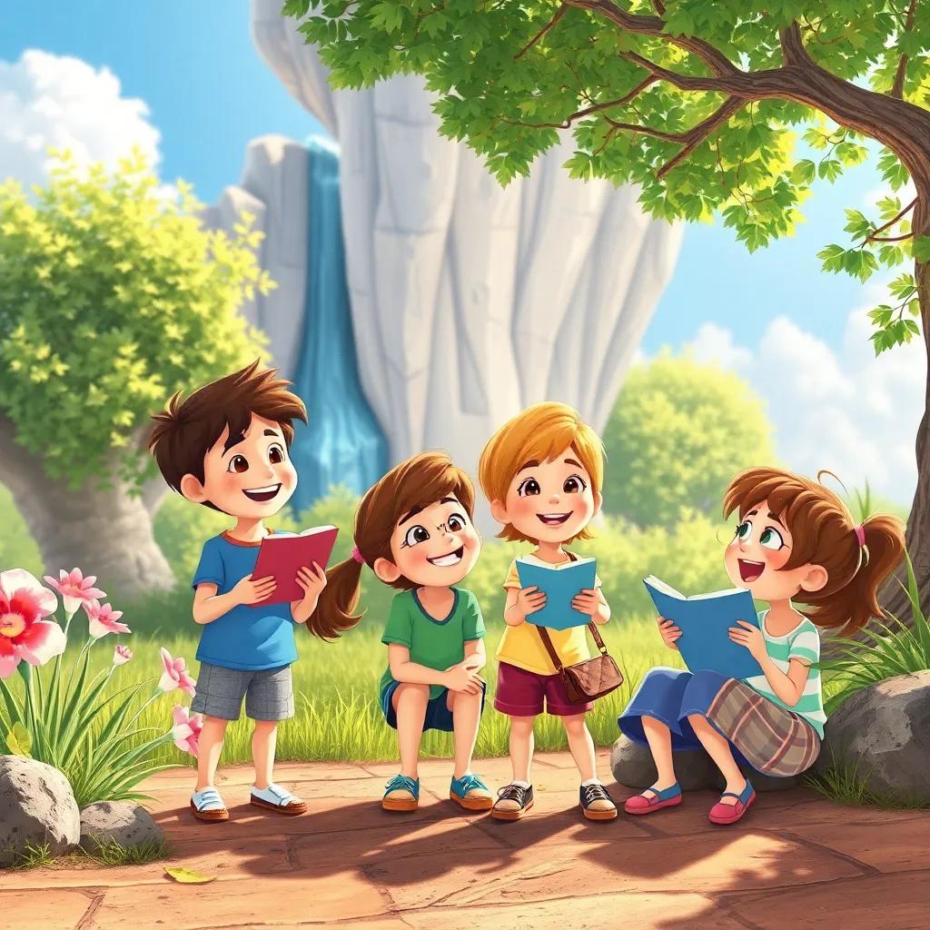 The children playing outside, with memories of their adventure in the crystal cave, laughing and sharing stories, a beautiful day in nature, bright and cheerful colors, inviting atmosphere, high quality