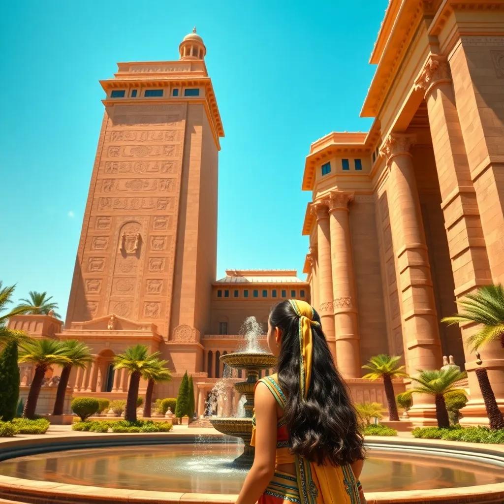 A tall palace in ancient Egypt under a blue sky with majestic architecture and gardens, a young Egyptian girl overlooking a fountain, detailed, bright colors, cheerful atmosphere, high quality