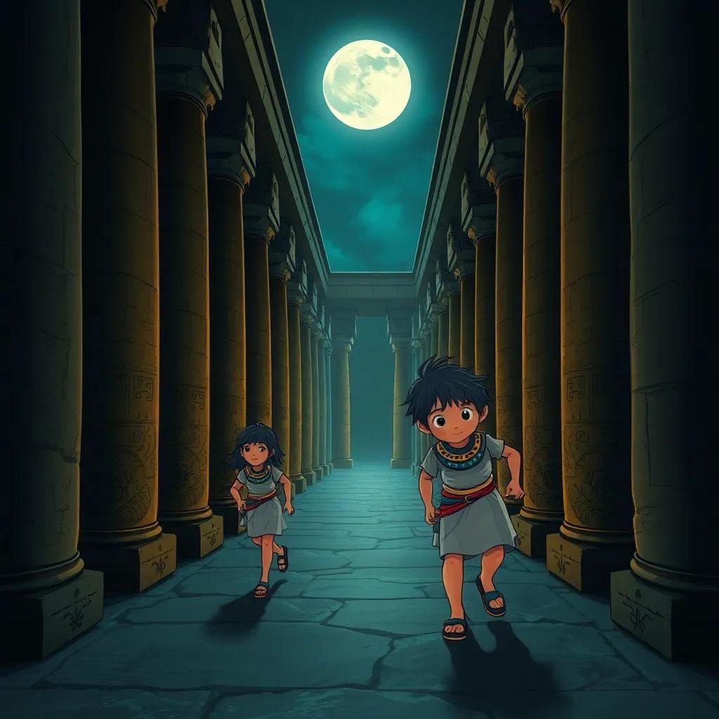 A dark palace corridor bathed in moonlight, a young Egyptian girl and a boy sneaking past tall columns, showing excitement and determination, illustration, mystic, adventure-themed, child-friendly