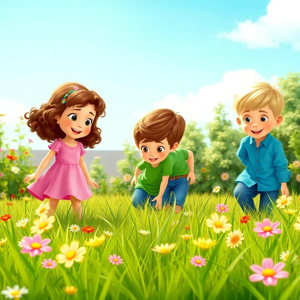 A sunny yard with three young children, Mia, a girl with curly brown hair wearing a pink dress, Leo, a boy with short hair in a green t-shirt and jeans, and Jake, a boy with blonde hair in a blue shirt; they are happily searching the grass for treasures, colorful flowers around, bright blue sky, whimsical, cheerful, digital art
