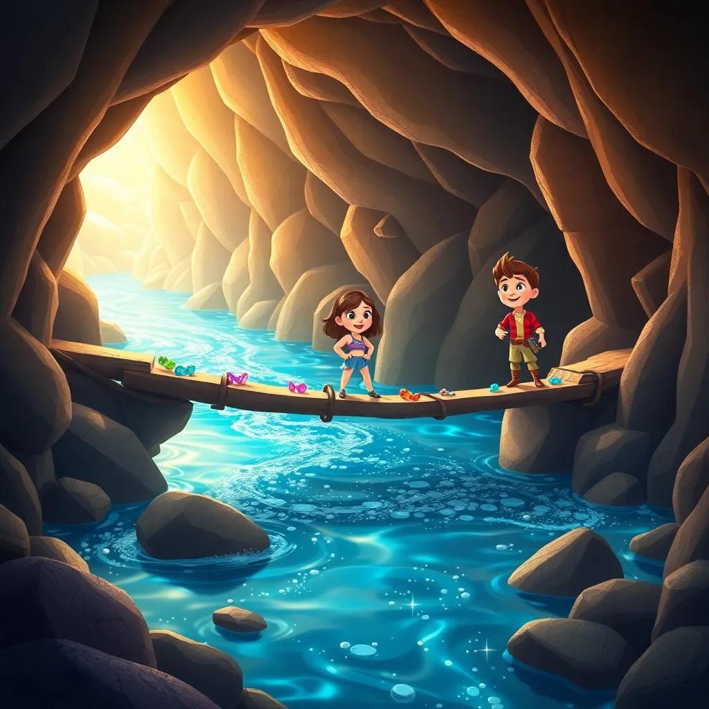 A sparkling river inside the cave, Mia, Leo, and Jake building a sturdy bridge with colorful treasures; they’re working together with smiles, the water glistening like stars against the cave walls, magical and inviting scenery, cartoonish, whimsical style