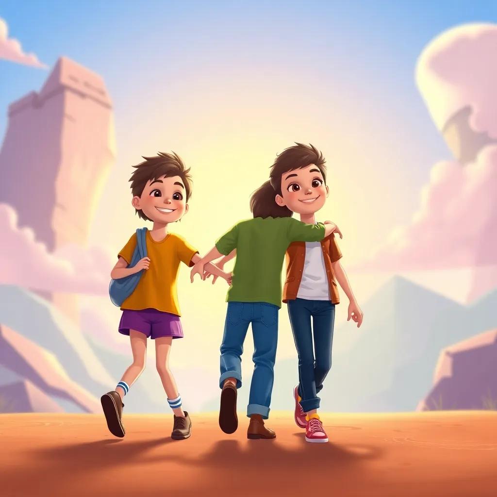 The three friends, with arms around each other, walking hand in hand into another adventure, bright colors in the background representing friendship, adventure-filled and hopeful feeling, light and cheerful atmosphere, cartoon style