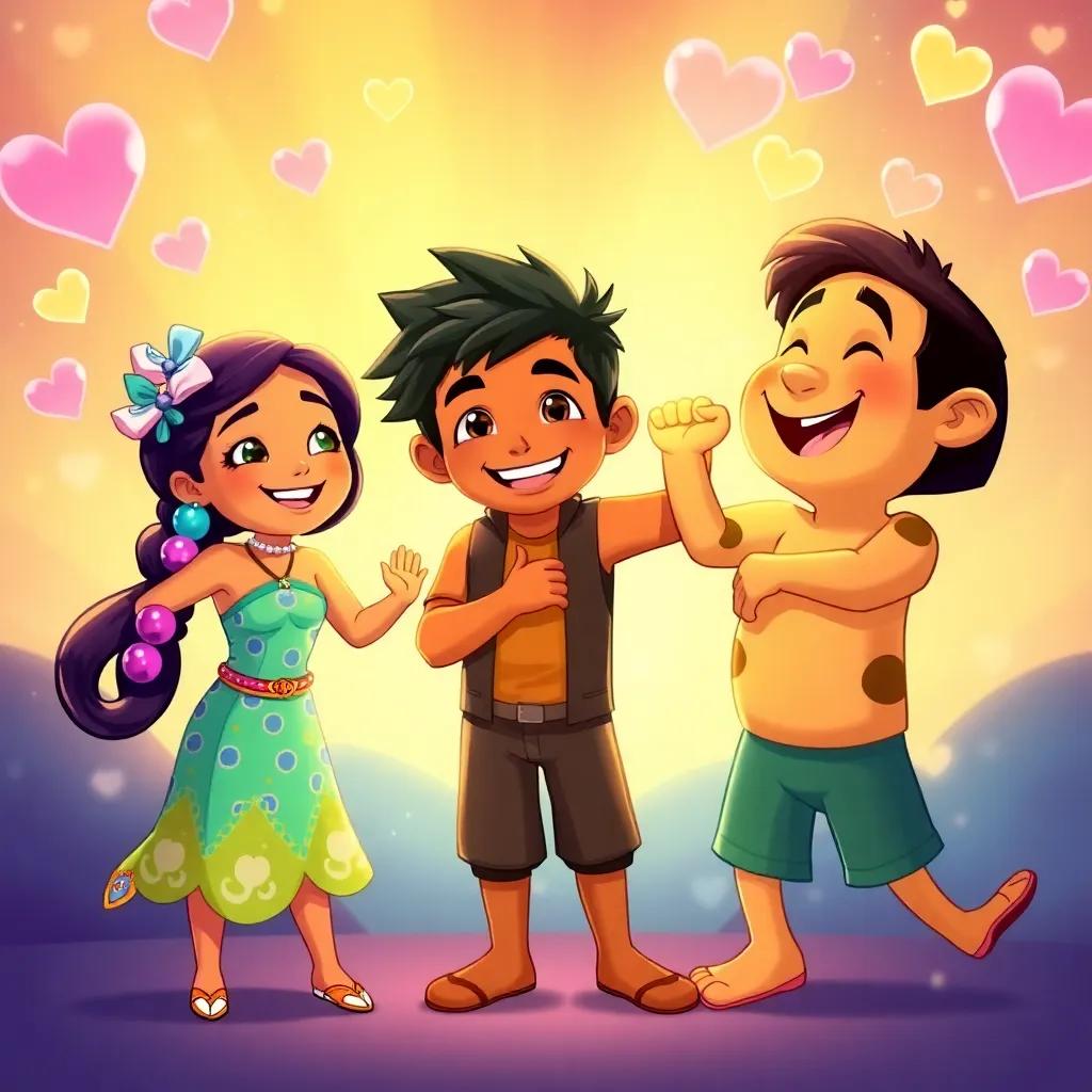Mia, Leo, and Jake celebrating their friendship and teamwork with hearts shining in the background, showing joy and laughter from their treasure-filled adventure, colorful and vibrant, child-friendly art style, uplifting