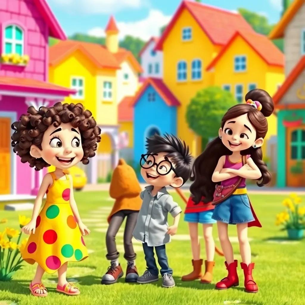 Three friends playing outside on a sunny day, Bella a cheerful girl with curly hair, wearing a bright dress, Sam a clever boy with glasses and a shirt, and Mia a brave girl, with a confident stance. They are laughing and enjoying their time in the colorful village, vivid colors, cheerful atmosphere, digital art, friendly and inviting.