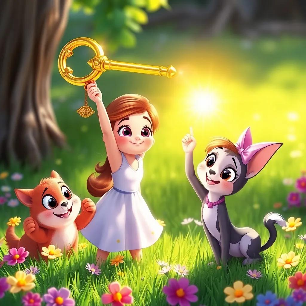 A shiny golden key sparkling in the sunlight, held high by Bella, surrounded by her curious friends Sam and Mia, in a playful pose. The key shines brightly against the green grass and colorful flowers, details are clear and inviting, illustration, magical moment, vibrant colors.
