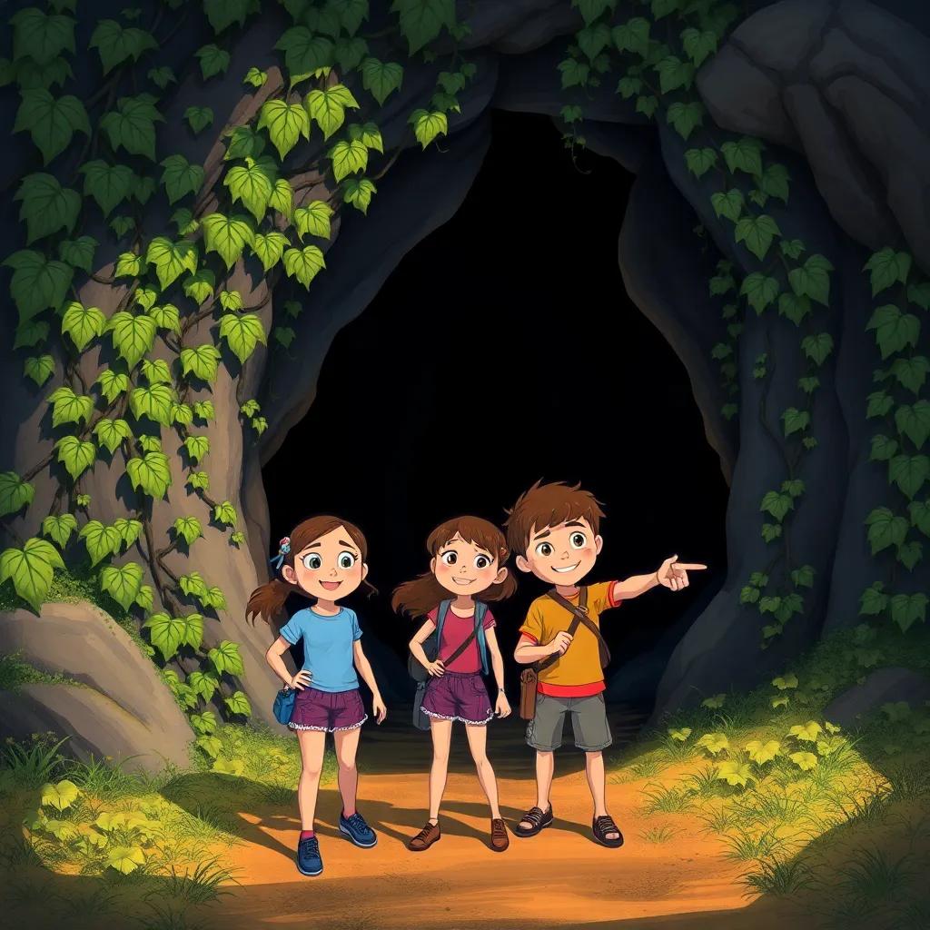 Three friends looking excited and curious near a hidden cave covered with vines, Bella leading the way confidently, Mia looking brave and Sam pointing at the entrance. The cave is dark and mysterious, with a sense of adventure in the air, detailed environment, captivating and inviting, illustration.