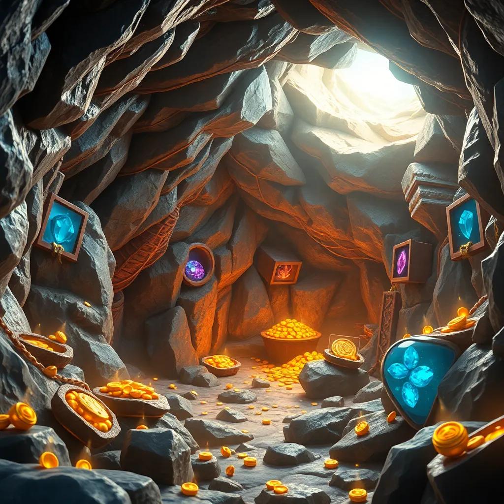 Inside the cave, shiny rocks gleaming all around, walls covered in pictures of treasure, showcasing beautiful jewels and gold coins. The atmosphere is magical and enchanting, filling with wonder and excitement, digital art, bright and colorful, immersive experience.