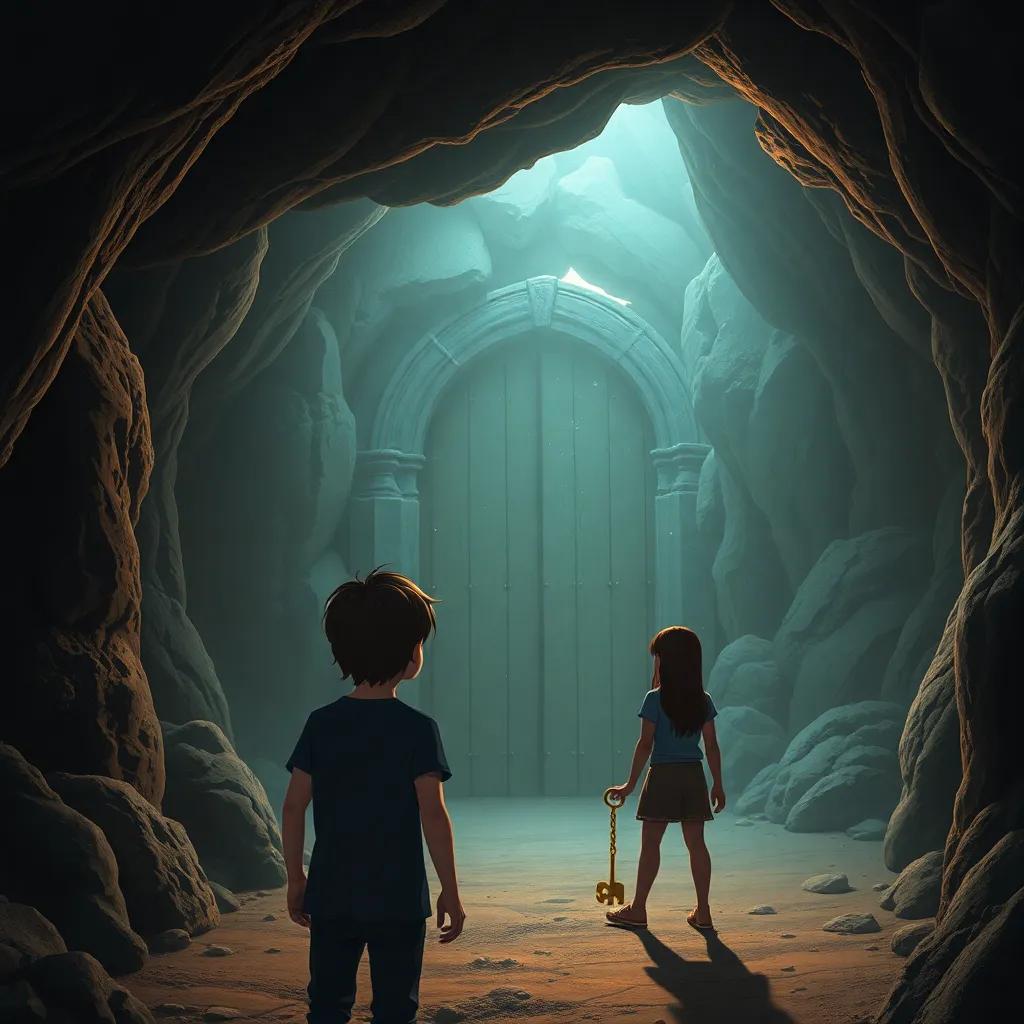 Sam spotting a big, old door covered with dust at the back of the cave, Bella and Mia gathered around excitedly. The cave's atmosphere is tense with anticipation, highlighting the door and the golden key in Bella's hand, detailed and focused, capturing the moment of discovery.