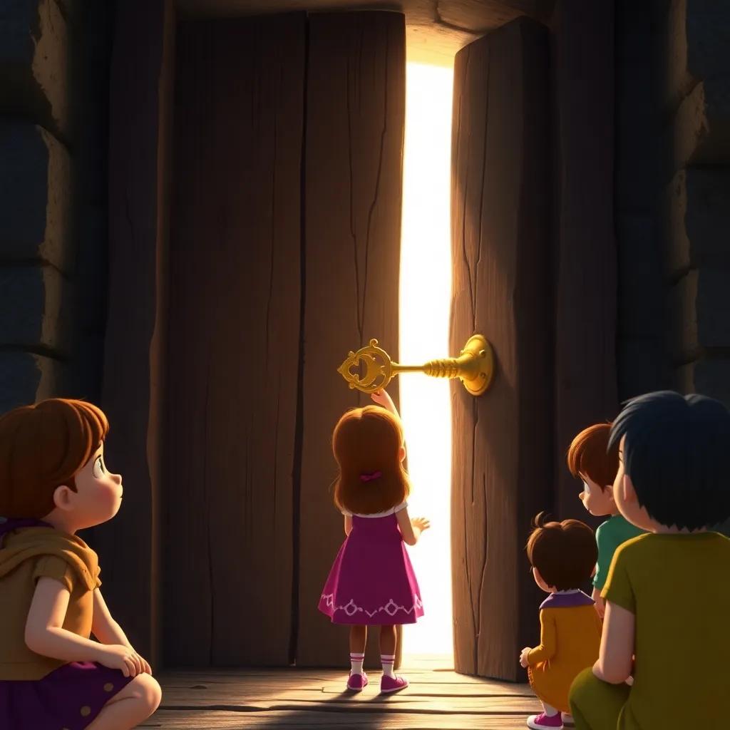 Bella gently placing the golden key into the lock of the big, old door, with her friends watching eagerly. The moment is filled with suspense, light illuminating from inside the door, showcasing a blend of excitement and wonder, digital art, high quality, child-friendly.